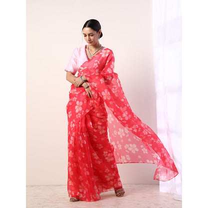 Label Nitika Hot Pink Printed Organza Saree with Stitched Blouse