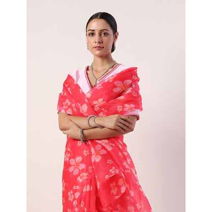 Label Nitika Hot Pink Printed Organza Saree with Stitched Blouse