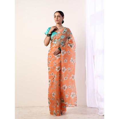Label Nitika Coral Printed Organza Teal Saree with Stitched Blouse