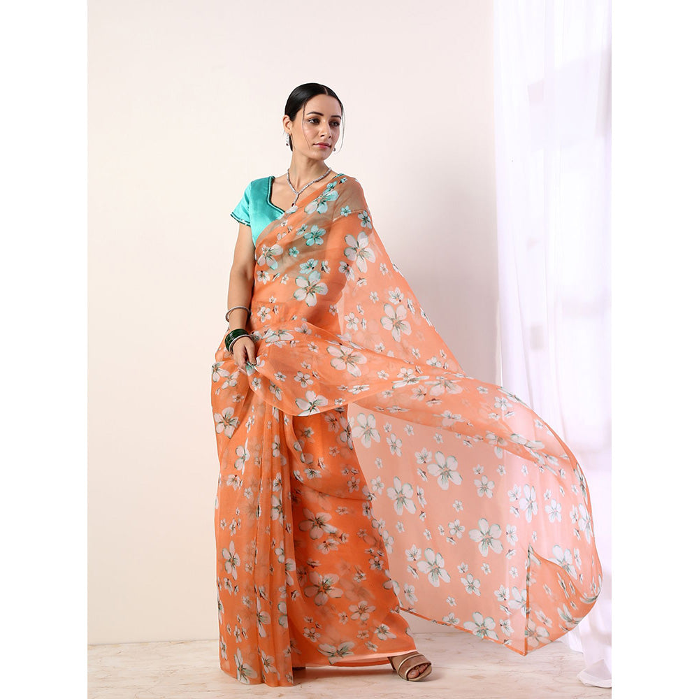 Label Nitika Coral Printed Organza Teal Saree with Stitched Blouse