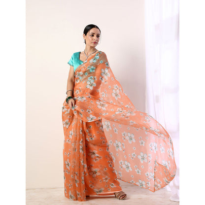 Label Nitika Coral Printed Organza Teal Saree with Stitched Blouse