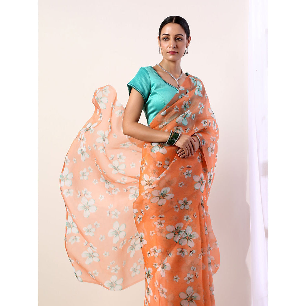 Label Nitika Coral Printed Organza Teal Saree with Stitched Blouse
