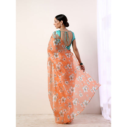 Label Nitika Coral Printed Organza Teal Saree with Stitched Blouse