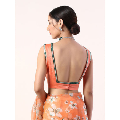 Label Nitika Coral Printed Organza Coral Saree with Stitched Blouse