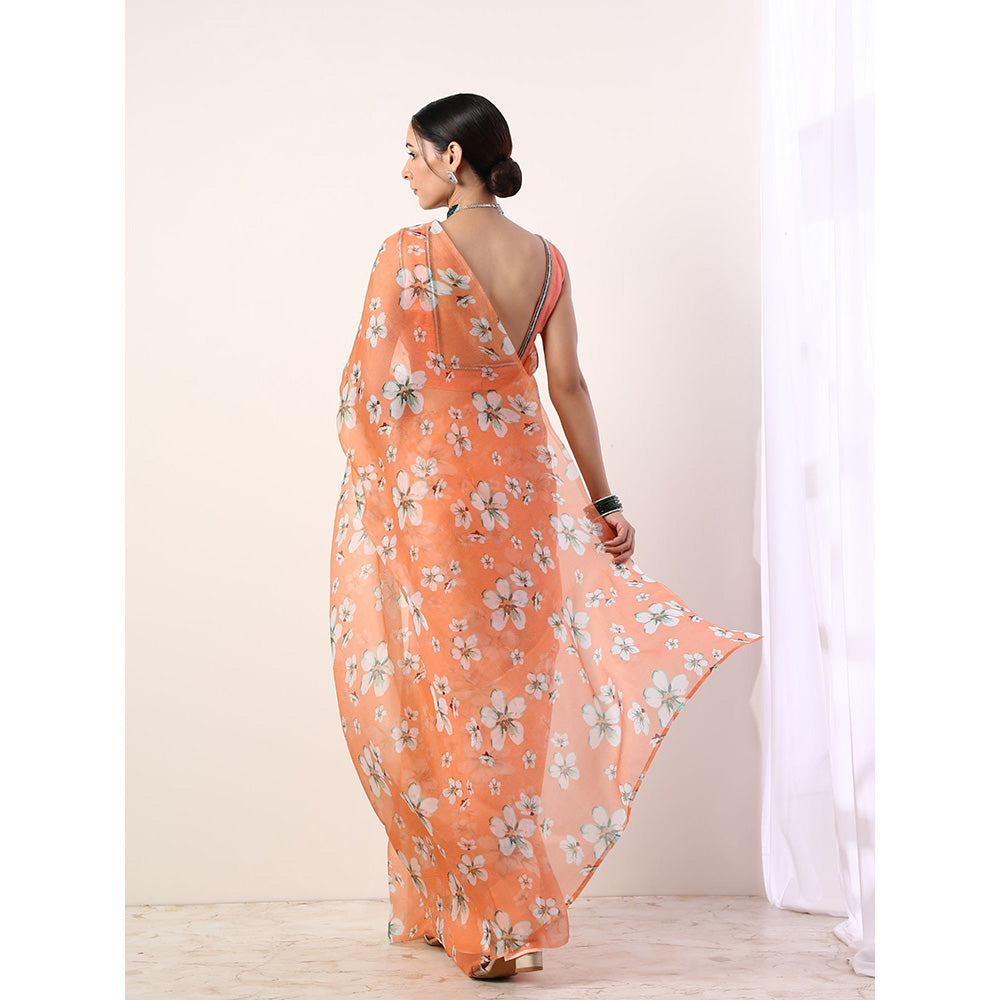 Label Nitika Coral Printed Organza Coral Saree with Stitched Blouse