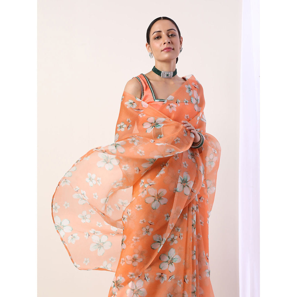 Label Nitika Coral Printed Organza Coral Saree with Stitched Blouse