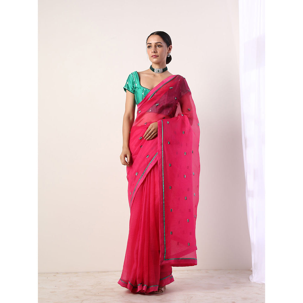 Label Nitika Pink Embroidered Organza Saree with Stitched Blouse