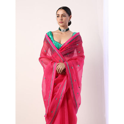 Label Nitika Pink Embroidered Organza Saree with Stitched Blouse