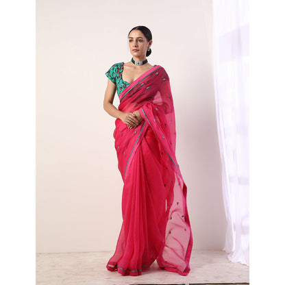 Label Nitika Pink Embroidered Organza Saree with Stitched Blouse