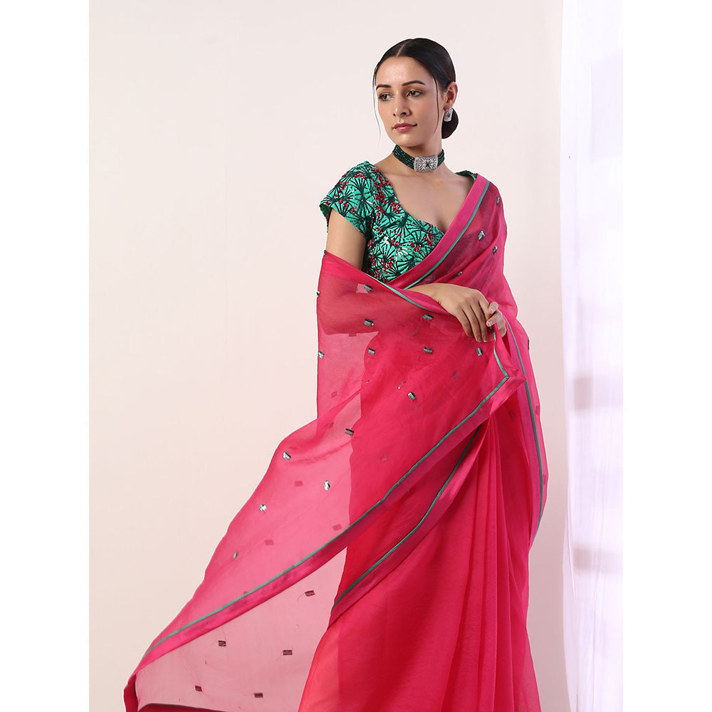 Label Nitika Pink Embroidered Organza Saree with Stitched Blouse