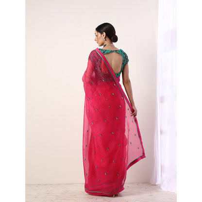 Label Nitika Pink Embroidered Organza Saree with Stitched Blouse