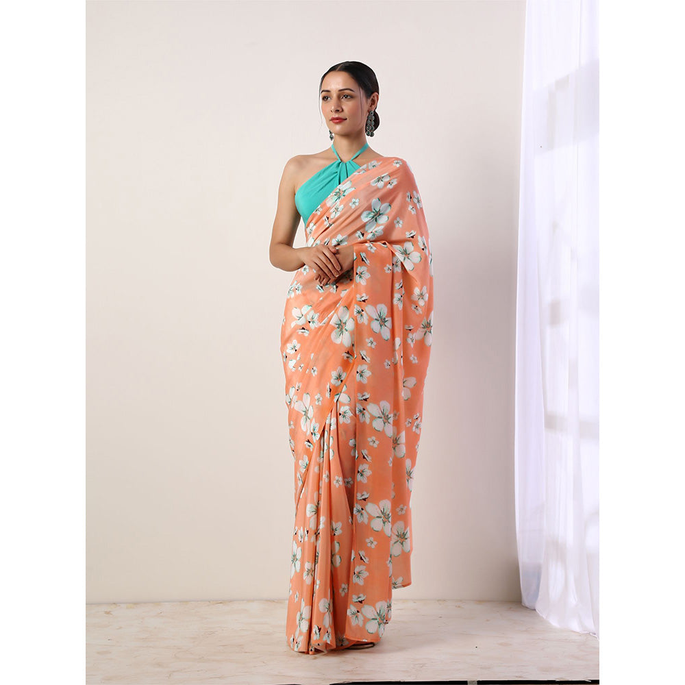Label Nitika Coral Crepe Saree with Stitched Blouse