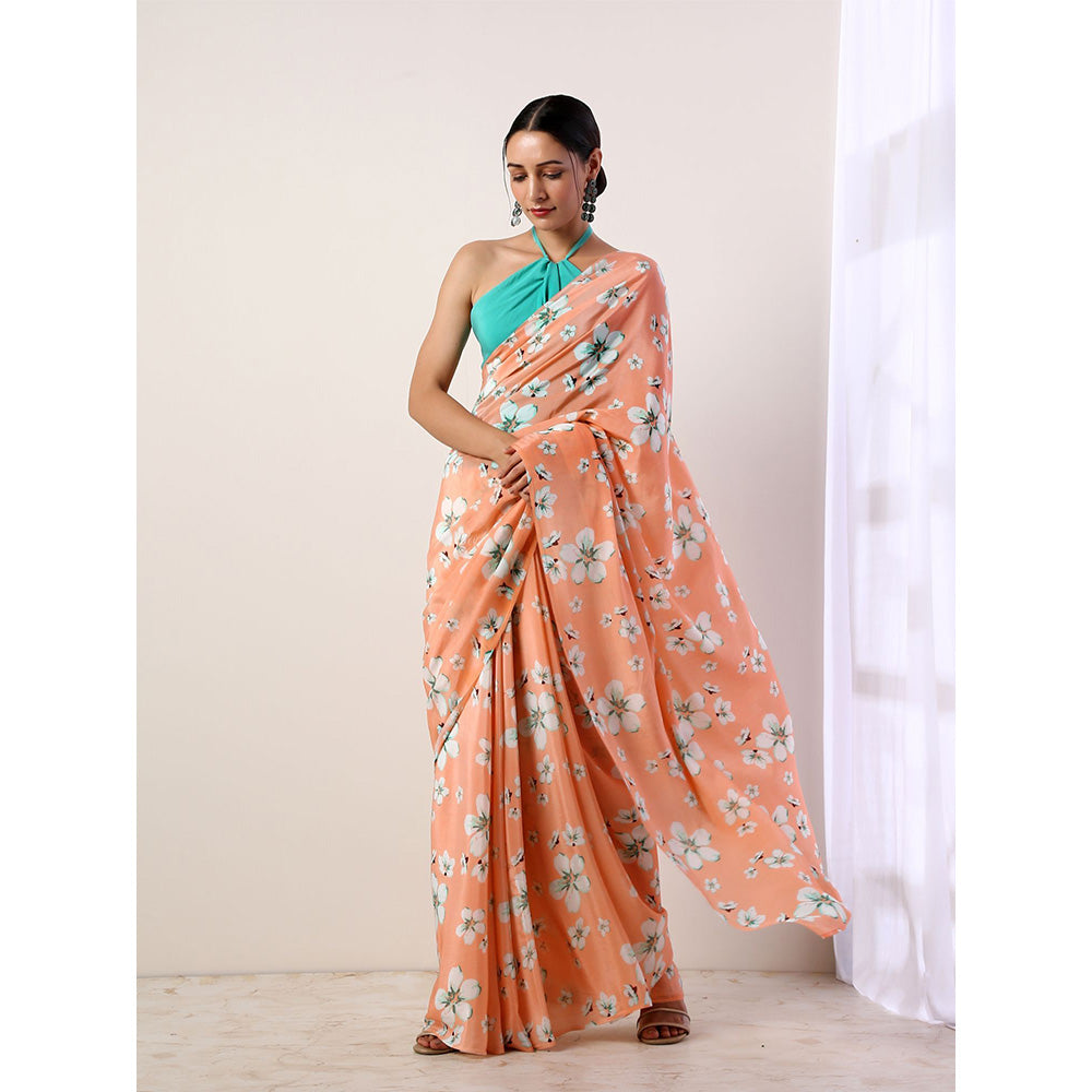 Label Nitika Coral Crepe Saree with Stitched Blouse