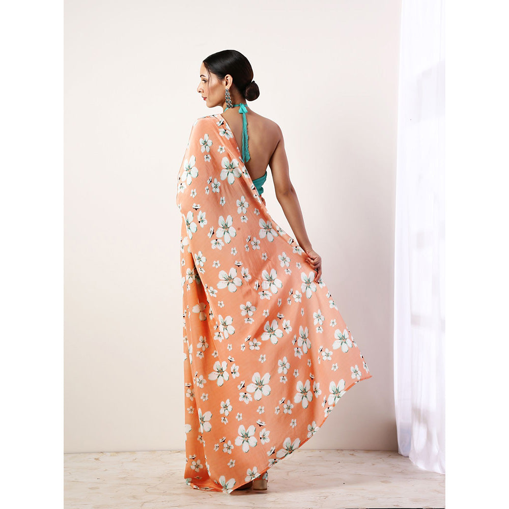 Label Nitika Coral Crepe Saree with Stitched Blouse