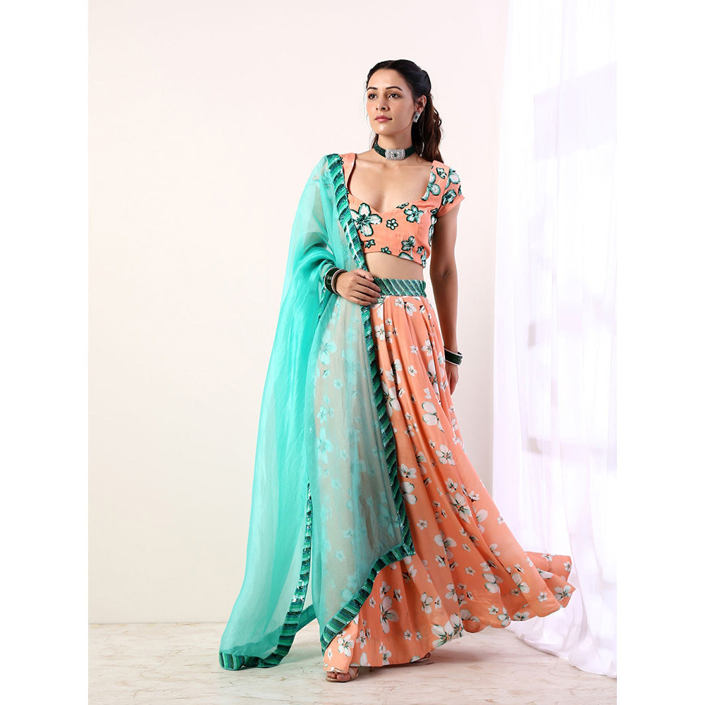 Label Nitika Coral Embroidered Lehenga Blouse & Dupatta (Set of 3)
