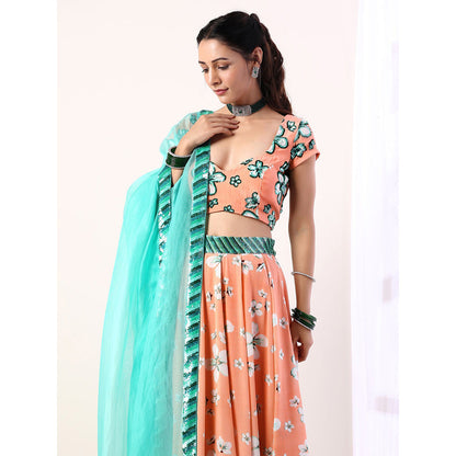 Label Nitika Coral Embroidered Lehenga Blouse & Dupatta (Set of 3)