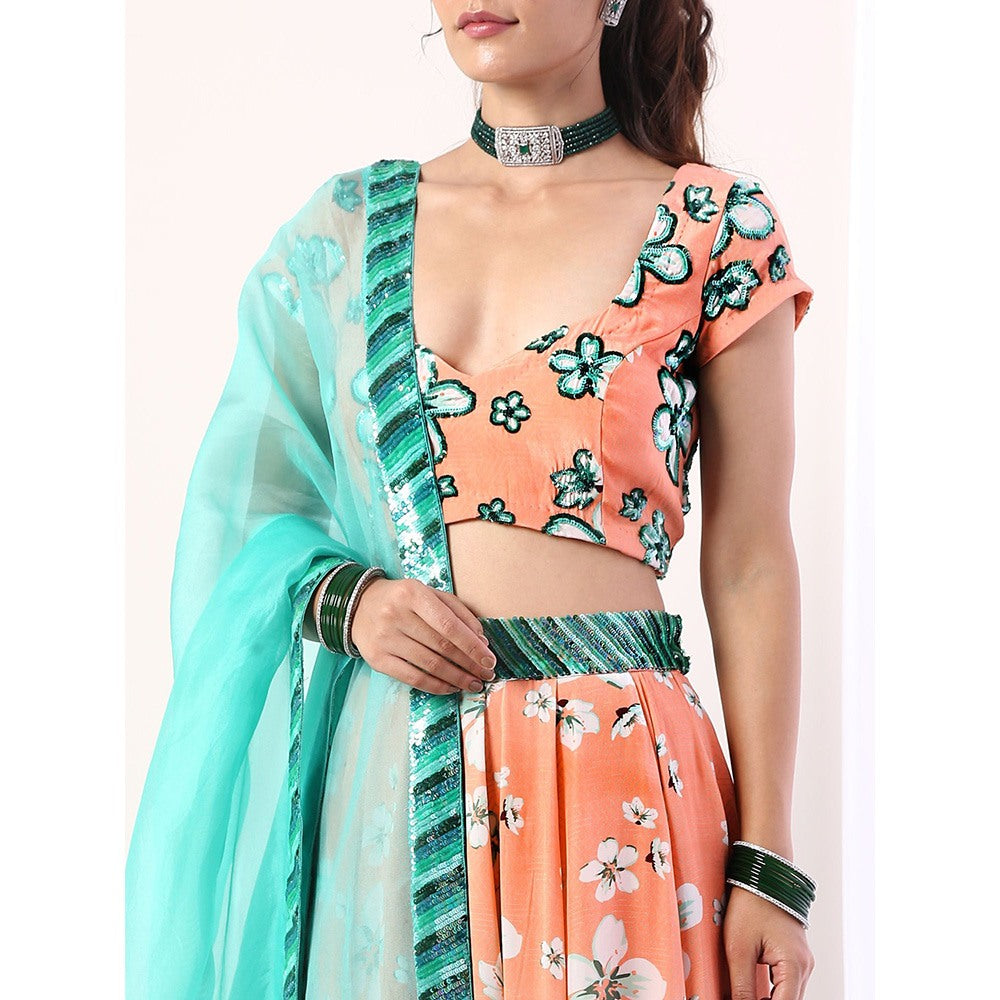Label Nitika Coral Embroidered Lehenga Blouse & Dupatta (Set of 3)