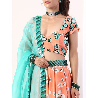 Label Nitika Coral Embroidered Lehenga Blouse & Dupatta (Set of 3)