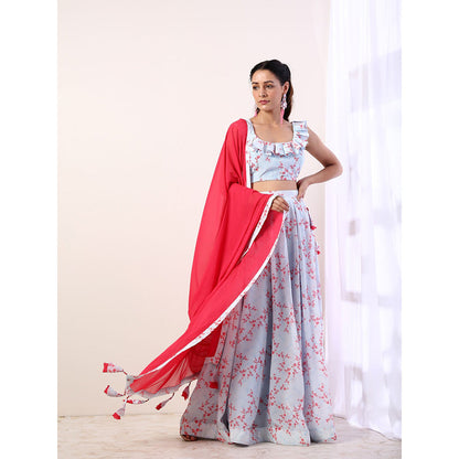 Label Nitika Sky Blue Ruffle Blouse with Lehenga & Dupatta (Set of 3)