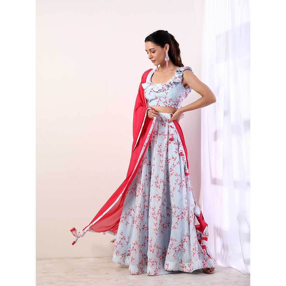 Label Nitika Sky Blue Ruffle Blouse with Lehenga & Dupatta (Set of 3)