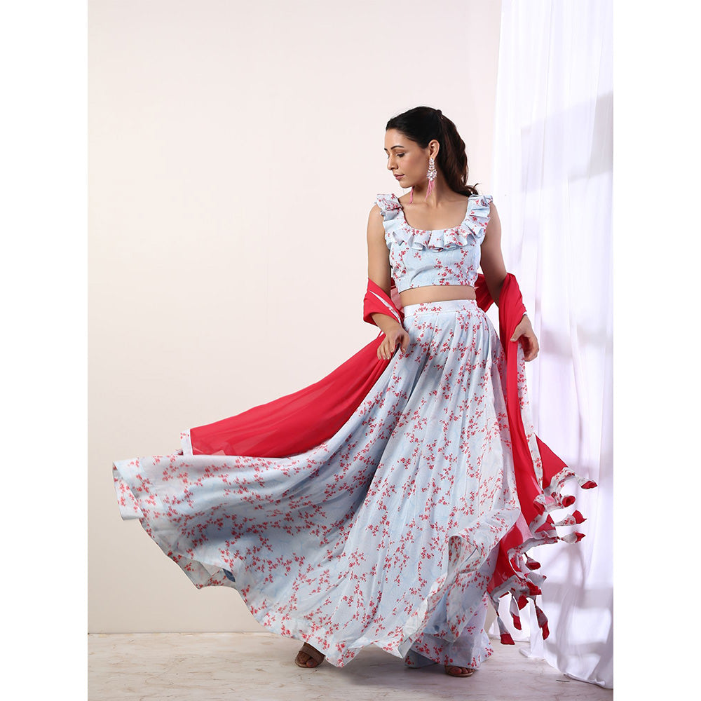 Label Nitika Sky Blue Ruffle Blouse with Lehenga & Dupatta (Set of 3)