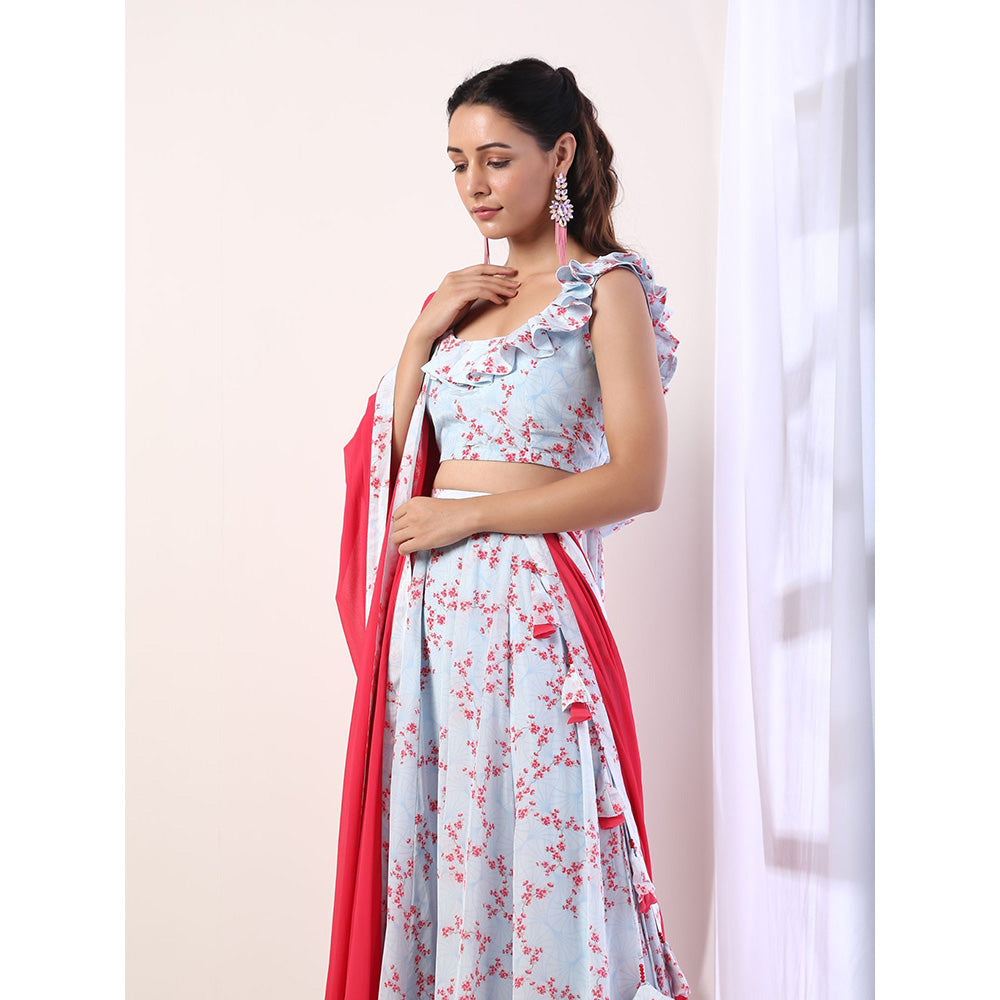 Label Nitika Sky Blue Ruffle Blouse with Lehenga & Dupatta (Set of 3)