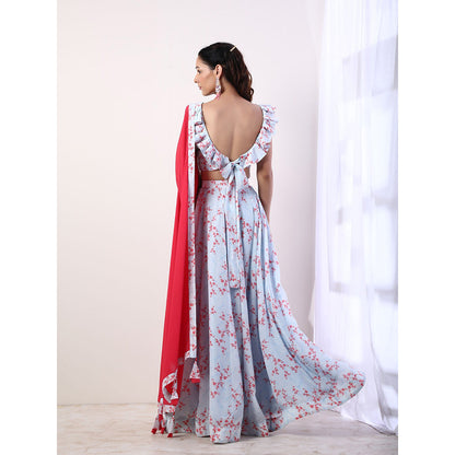 Label Nitika Sky Blue Ruffle Blouse with Lehenga & Dupatta (Set of 3)