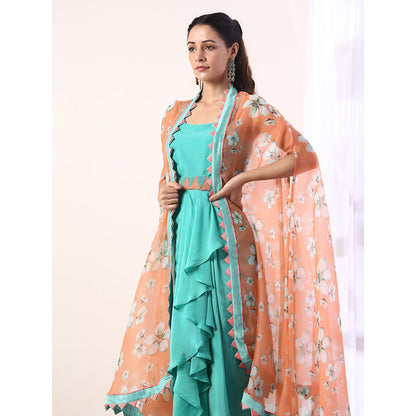 Label Nitika Coral Cape with Teal Draped Dress with Belt & Cape (Set of 3)