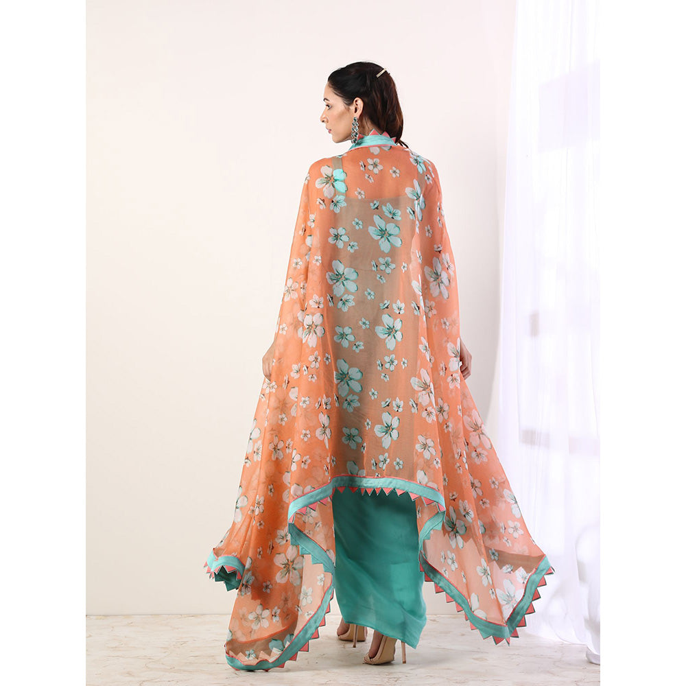 Label Nitika Coral Cape with Teal Draped Dress with Belt & Cape (Set of 3)