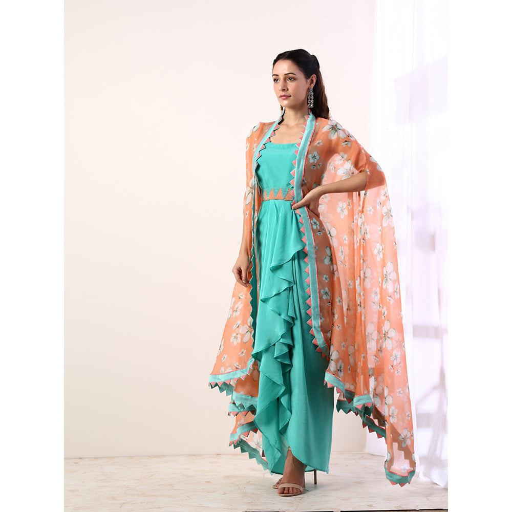 Label Nitika Coral Cape with Teal Draped Dress with Belt & Cape (Set of 3)