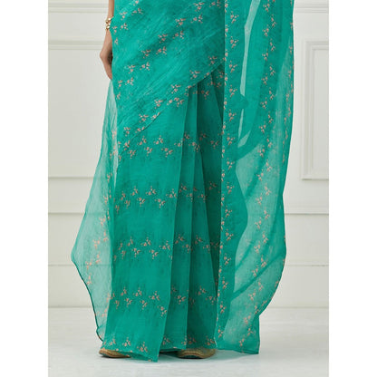 Label Nitika Teal Organza Saree with Stitched Blouse