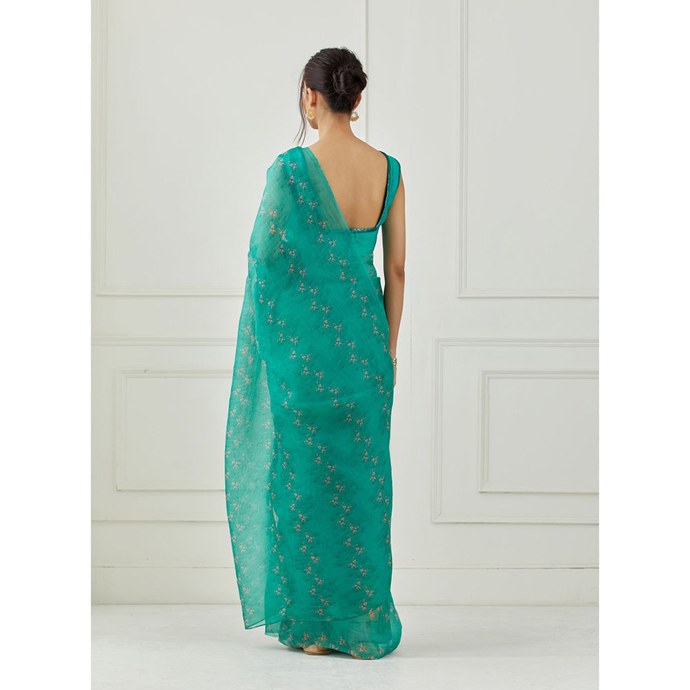 Label Nitika Teal Organza Saree with Stitched Blouse