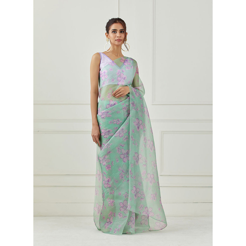 Label Nitika Mint Green Organza Saree with Stitched Blouse