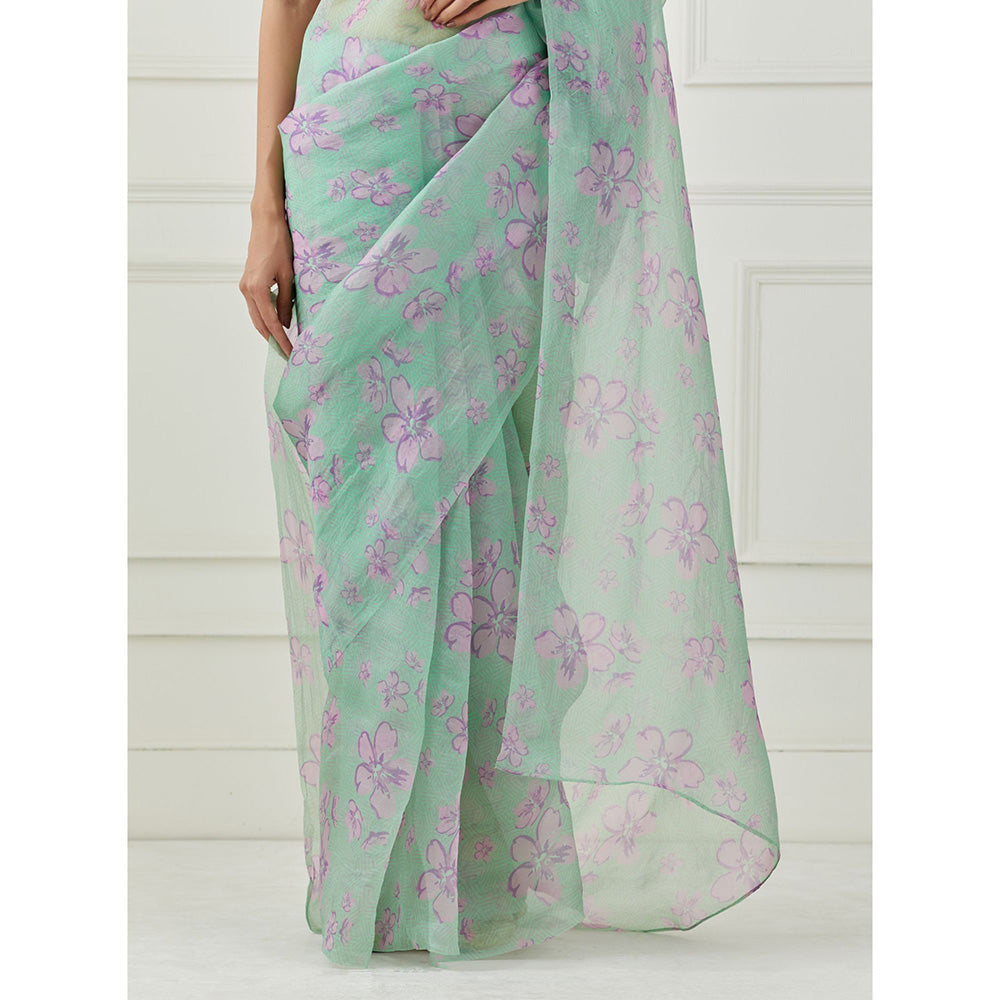 Label Nitika Mint Green Organza Saree with Stitched Blouse