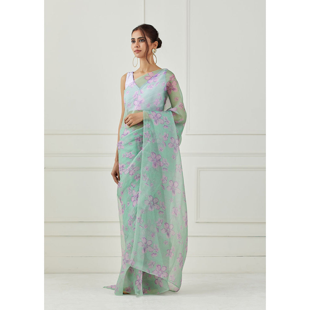 Label Nitika Mint Green Organza Saree with Stitched Blouse