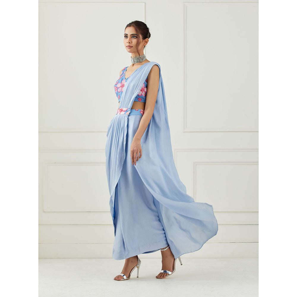 Label Nitika Moon Blue Draped Saree with Sleeveless Stitched Blouse