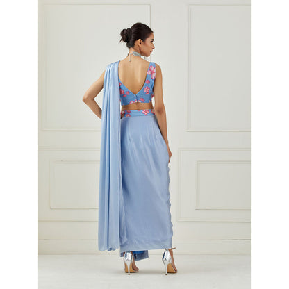 Label Nitika Moon Blue Draped Saree with Sleeveless Stitched Blouse