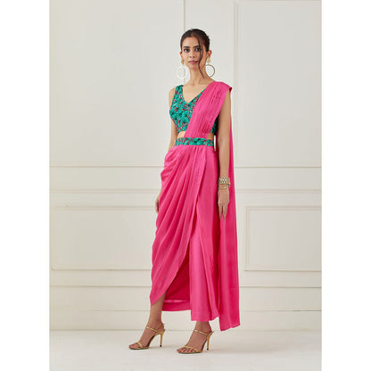 Label Nitika Pink Draped Saree with Sleeveless Stitched Blouse