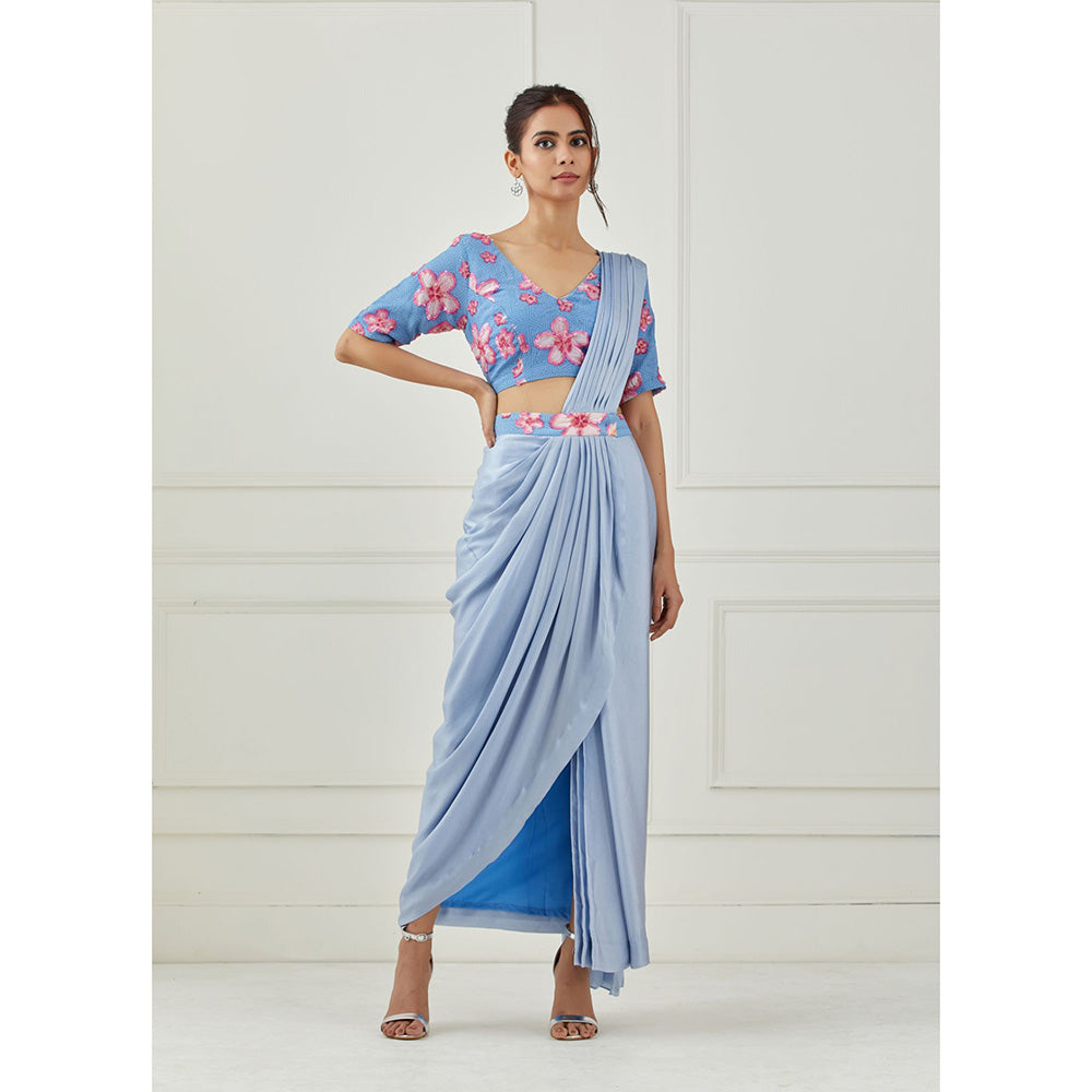 Label Nitika Moon Blue Draped Saree with Sleeveless Stitched Blouse
