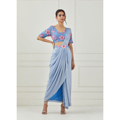 Label Nitika Moon Blue Draped Saree with Sleeveless Stitched Blouse