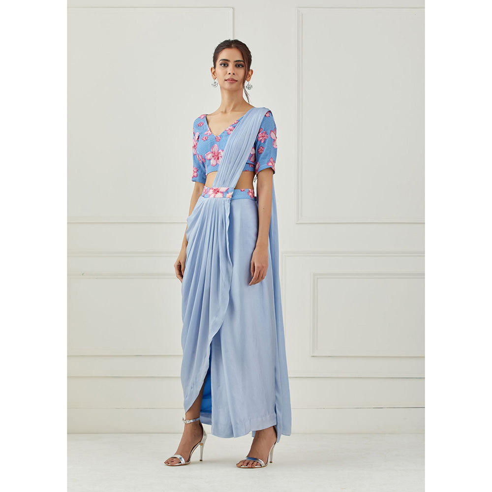 Label Nitika Moon Blue Draped Saree with Sleeveless Stitched Blouse