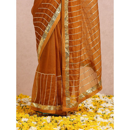Label Nitika Rust Saree Or Sleeves Saree with Stitched Blouse