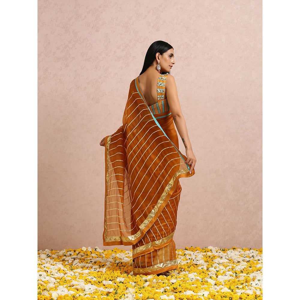 Label Nitika Rust Saree Or Sleeves Saree with Stitched Blouse