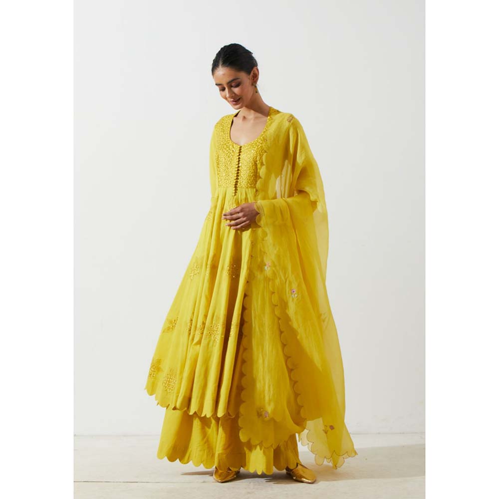 Label Earthen Women Yellow Floral Anarkali Kurta with Palazzo (Set of 2)