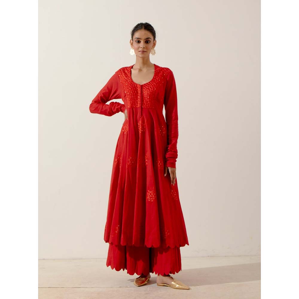 Label Earthen Women Red Floral Anarkali Kurta with Palazzo (Set of 2)