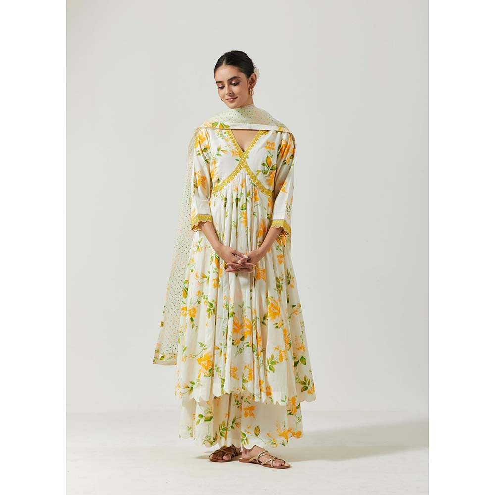 Label Earthen Women White Floral Anarkali Kurta with Palazzo & Dupatta (Set of 3)