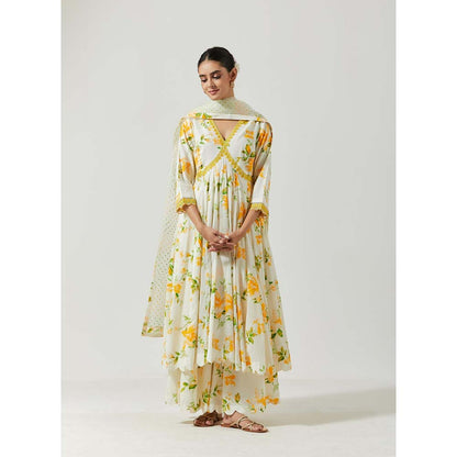 Label Earthen Women White Floral Anarkali Kurta with Palazzo & Dupatta (Set of 3)