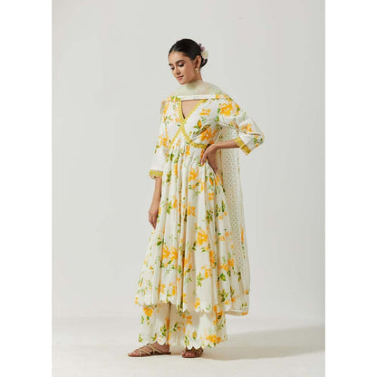 Label Earthen Women White Floral Anarkali Kurta with Palazzo & Dupatta (Set of 3)