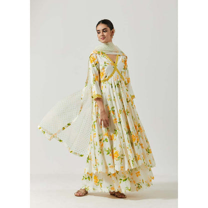 Label Earthen Women White Floral Anarkali Kurta with Palazzo & Dupatta (Set of 3)