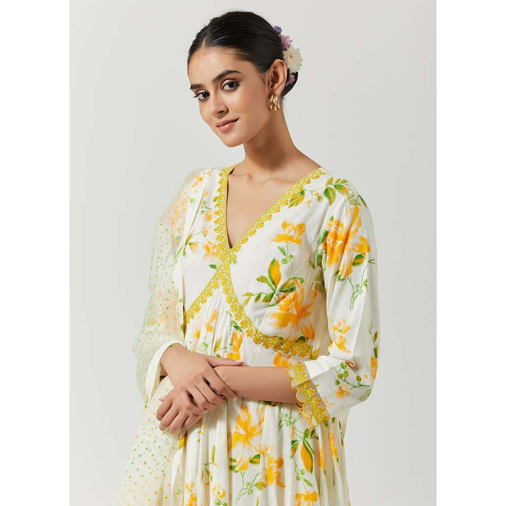 Label Earthen Women White Floral Anarkali Kurta with Palazzo & Dupatta (Set of 3)